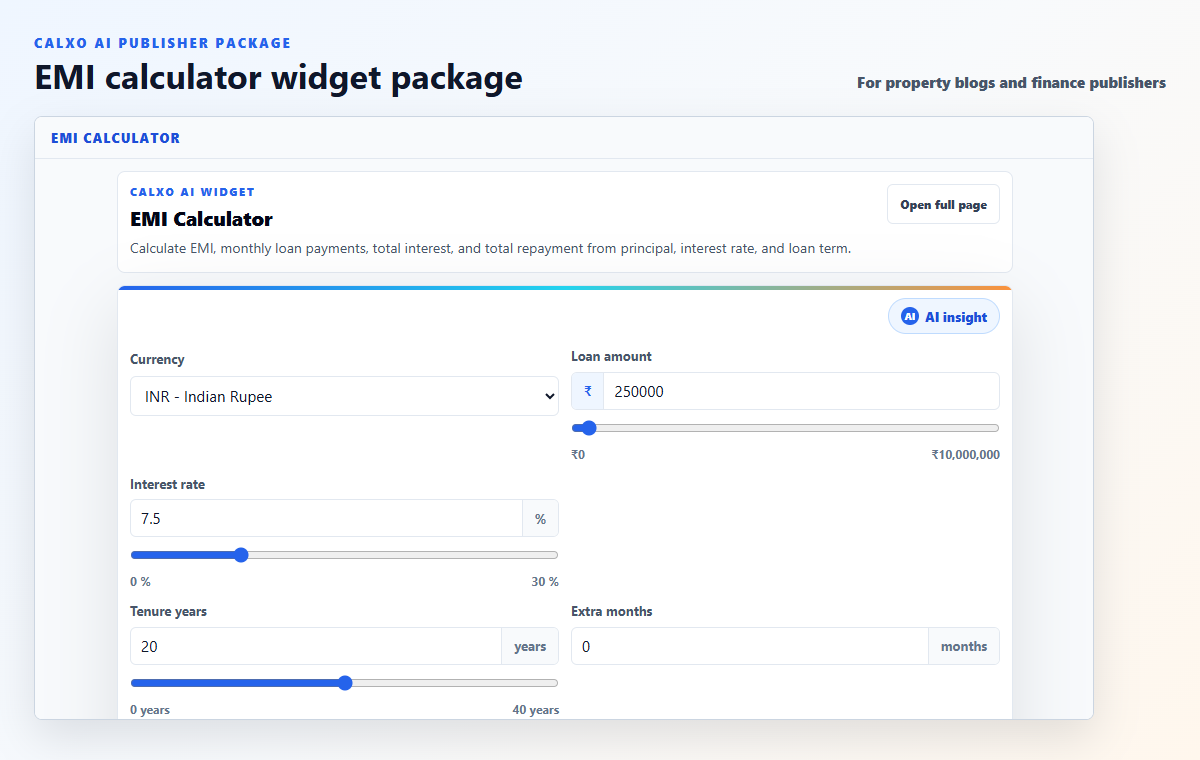 EMI calculator widget preview showing monthly payment inputs and results.
