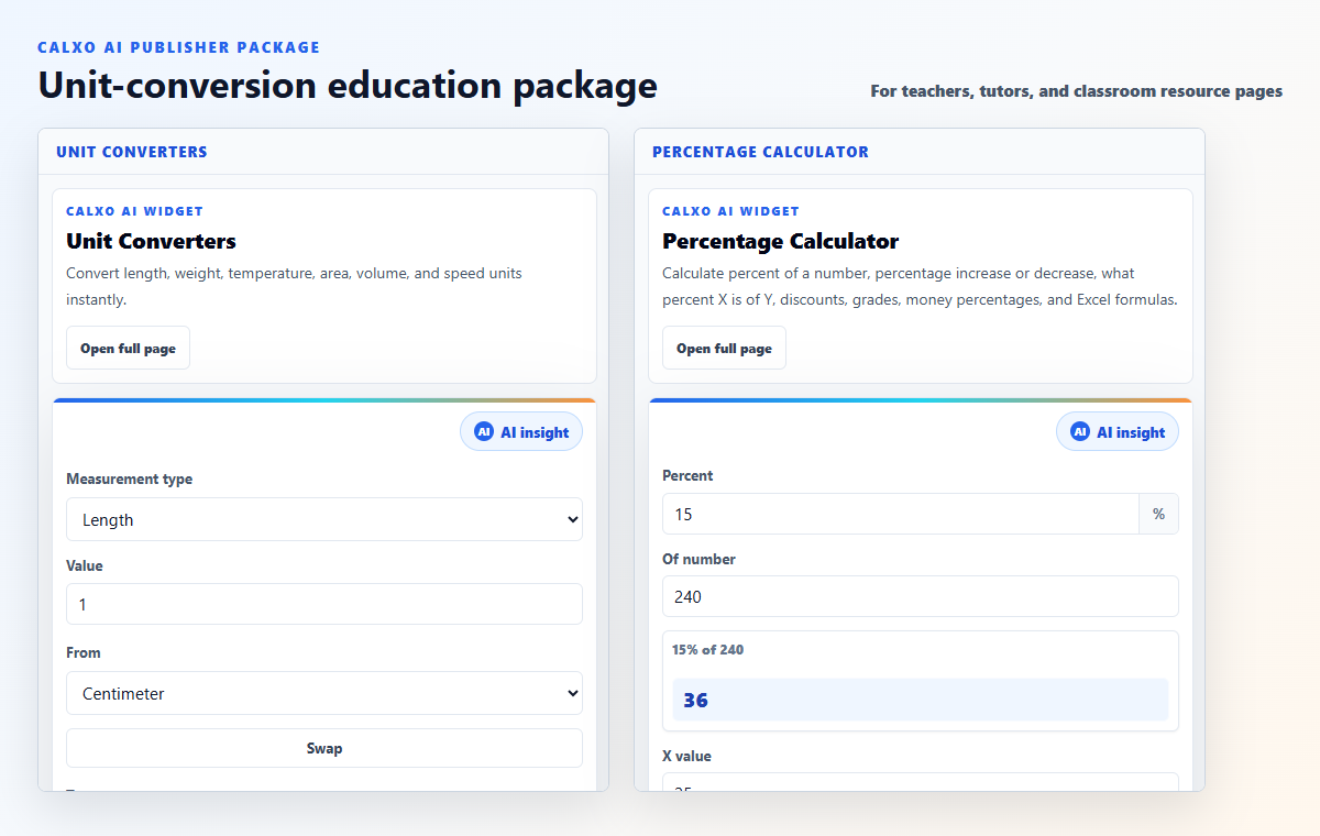 Unit conversion and percentage calculator widget preview for education websites.